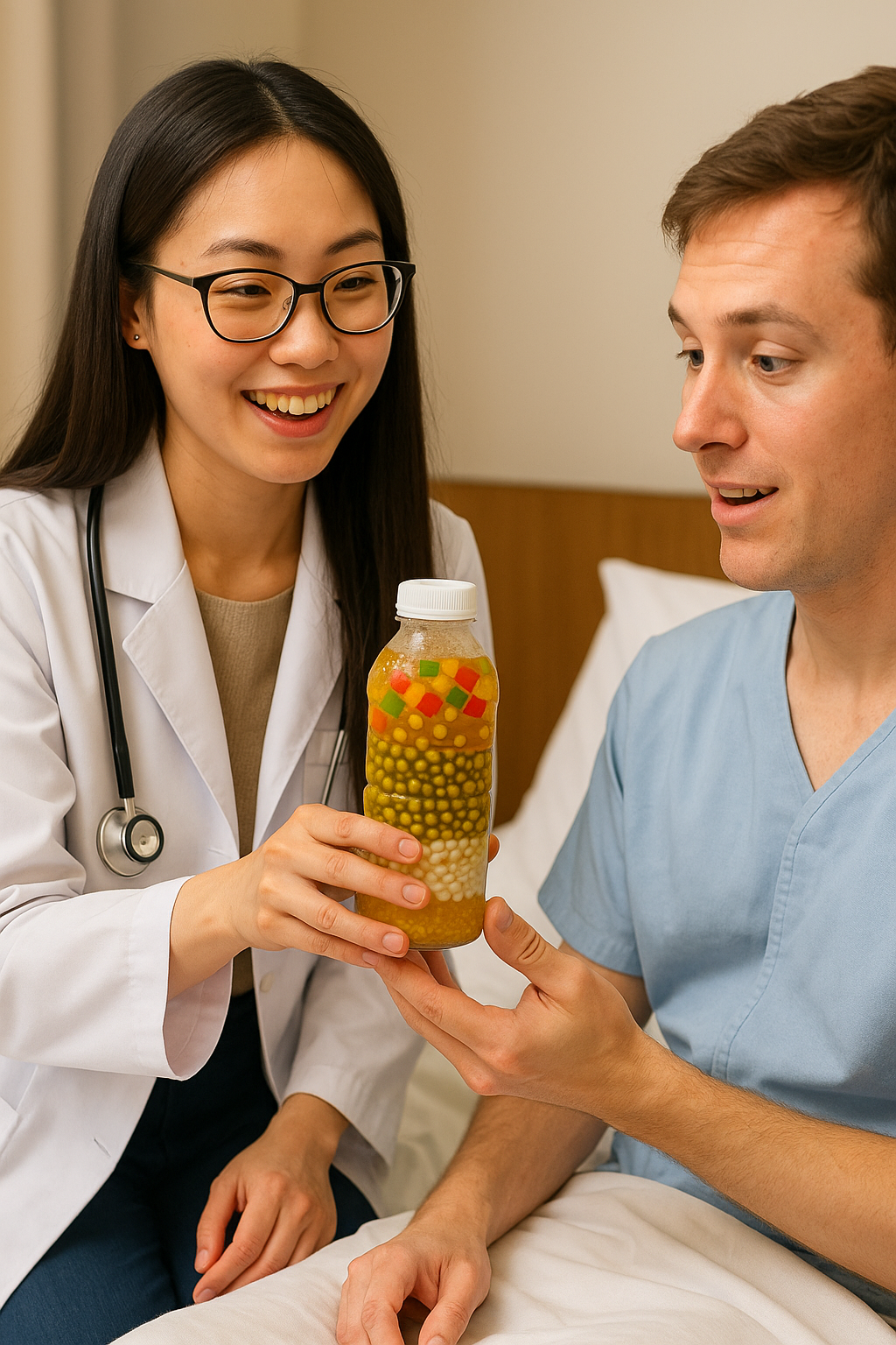 Dr Sweet handed Patrick a bottle of Suzhou-style mung bean soup. 