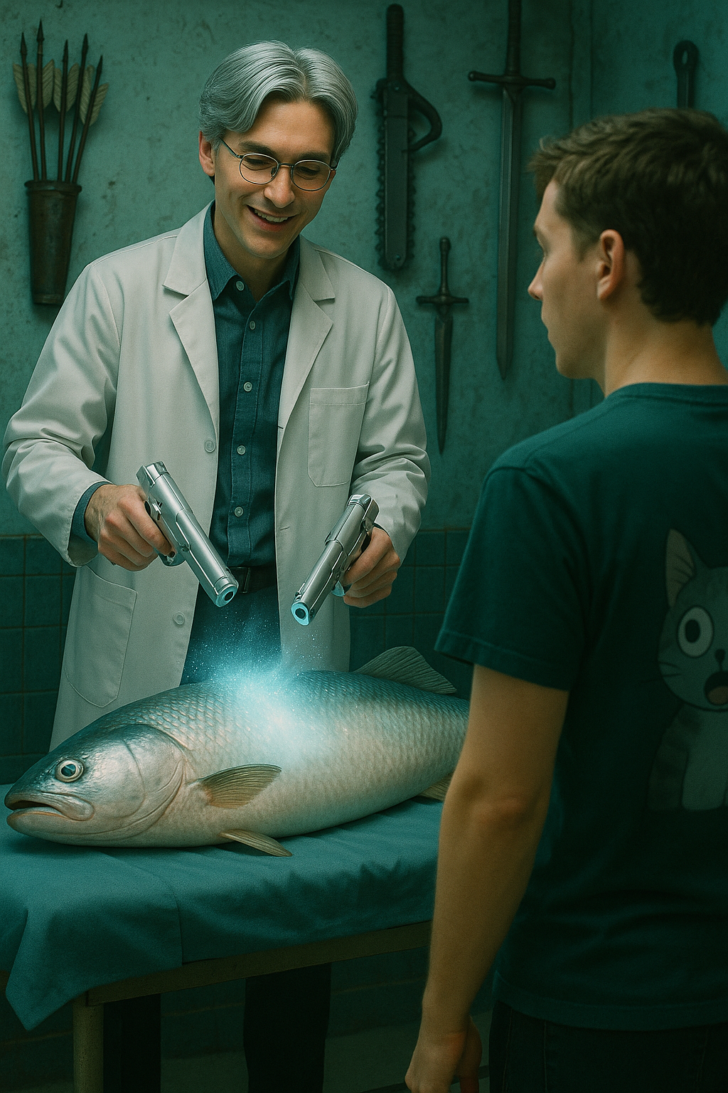 Dr Warm uses his guns to treat the lower back of a big fish, in front of Patrick, inside the treating room 