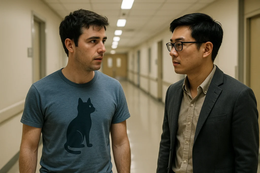 Patrick, wearing his cat T-shirt, faces Woo, wearing a black suit,in the hospital's corridor.