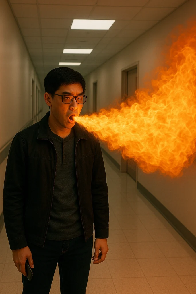 Woo, wearing eyeglasses, releases strong flames resembling a horizontal waterfall from his mouth.