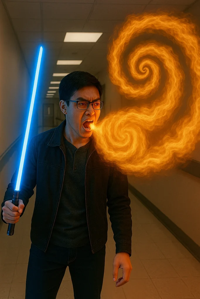 Woo releases Fire Tornado from his mouth, with his right hand holding a blue light saber.