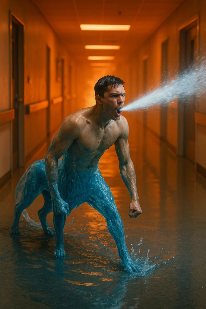 Patrick in the human-cat centaur form, two human arms and four blue legs, shoots water from his mouth, toward his enemy.