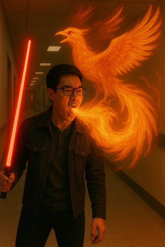 Woo releases Fire Phoenix from his mouth, with his right hand holding the orange light saber.