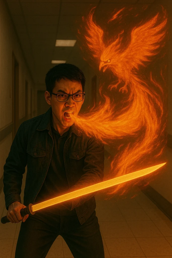 Woo releases Fire Sparrow from his mouth, with his right hand holding the orange-colored sword.